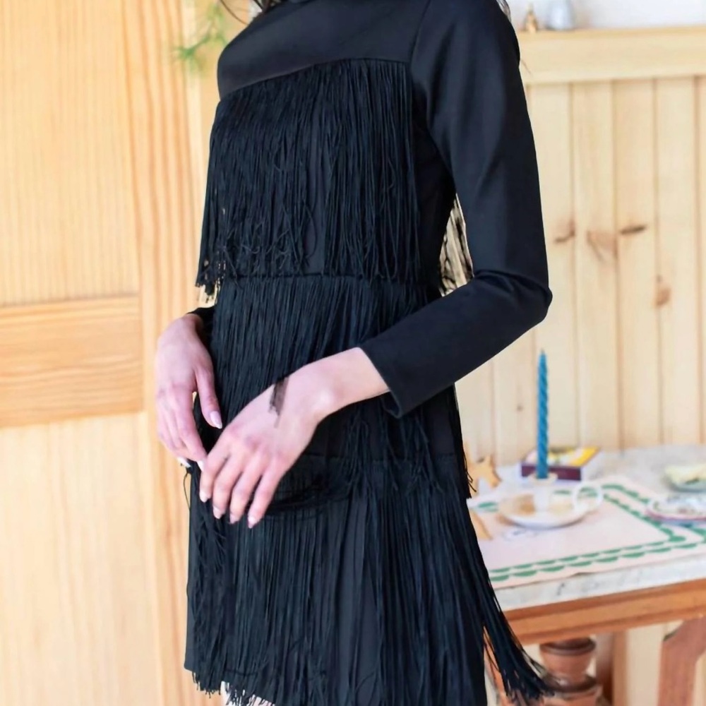 Emerson Fry Black Long Sleeve Fringe Dress